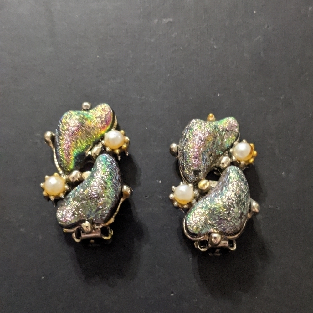 Silver Tone Faux Pearl Sparkle Clip On Statement Earrings